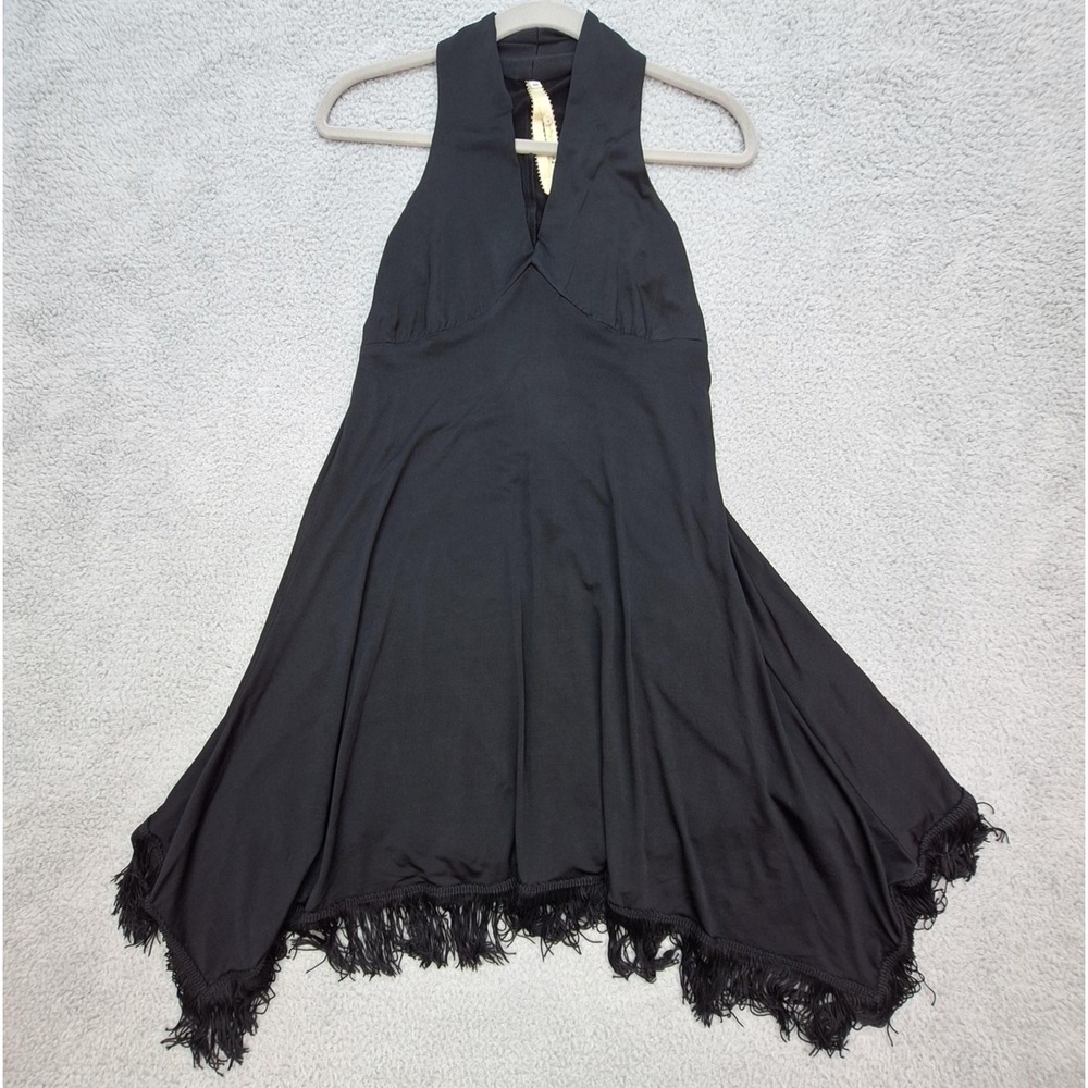 Uncle Frank Midi Dress Womens Small Black Halter‎ Fringe Asymmetrical Whimsigoth